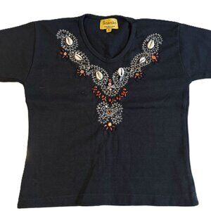 VTG Beaded Sea Shell Rhinestone Embroidered T shirt Embellishment Indian Black S